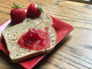 Strawberry jam with Bob's Red Mill spelt bread.